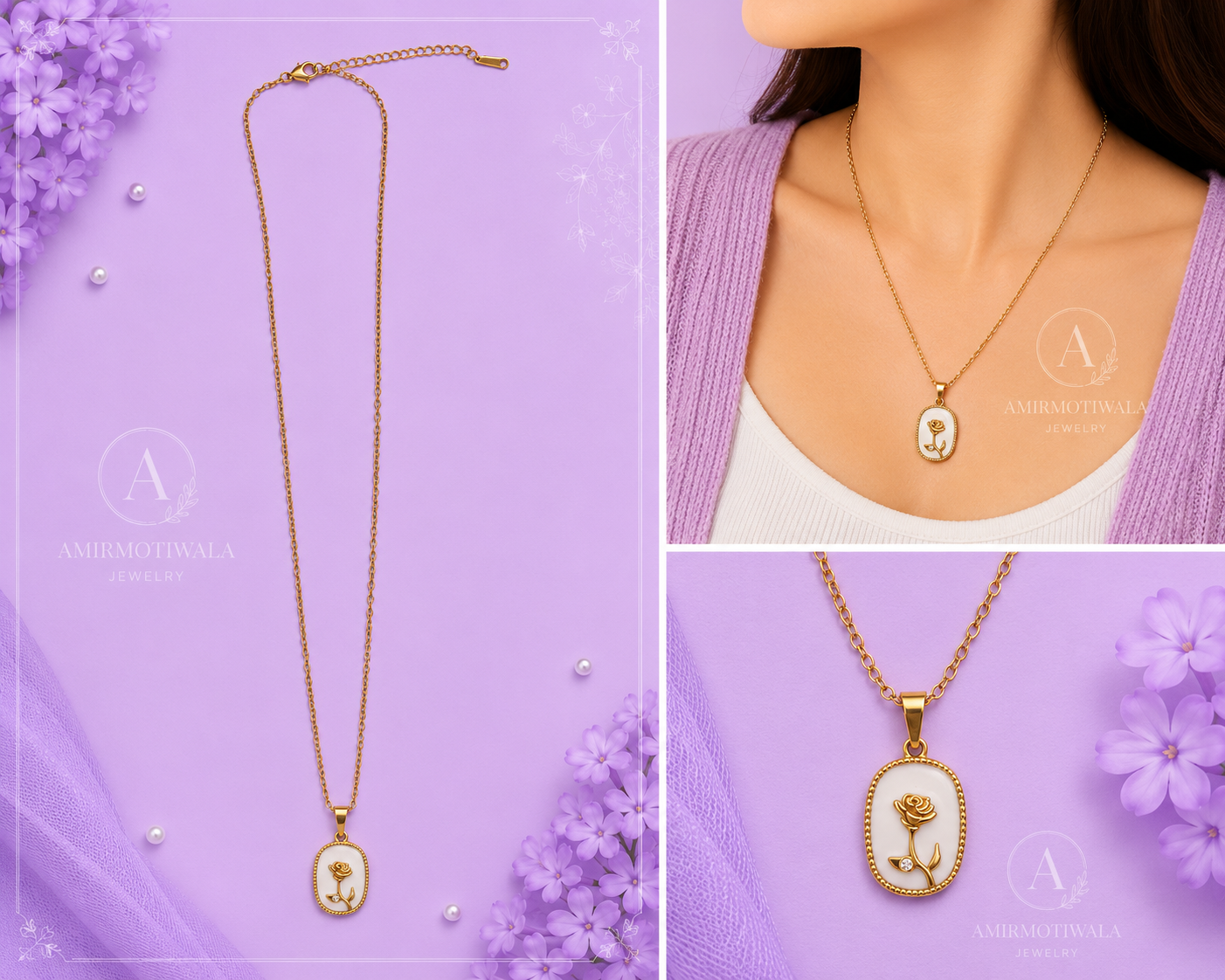 Stainless Steel White Rose Pendant Necklace