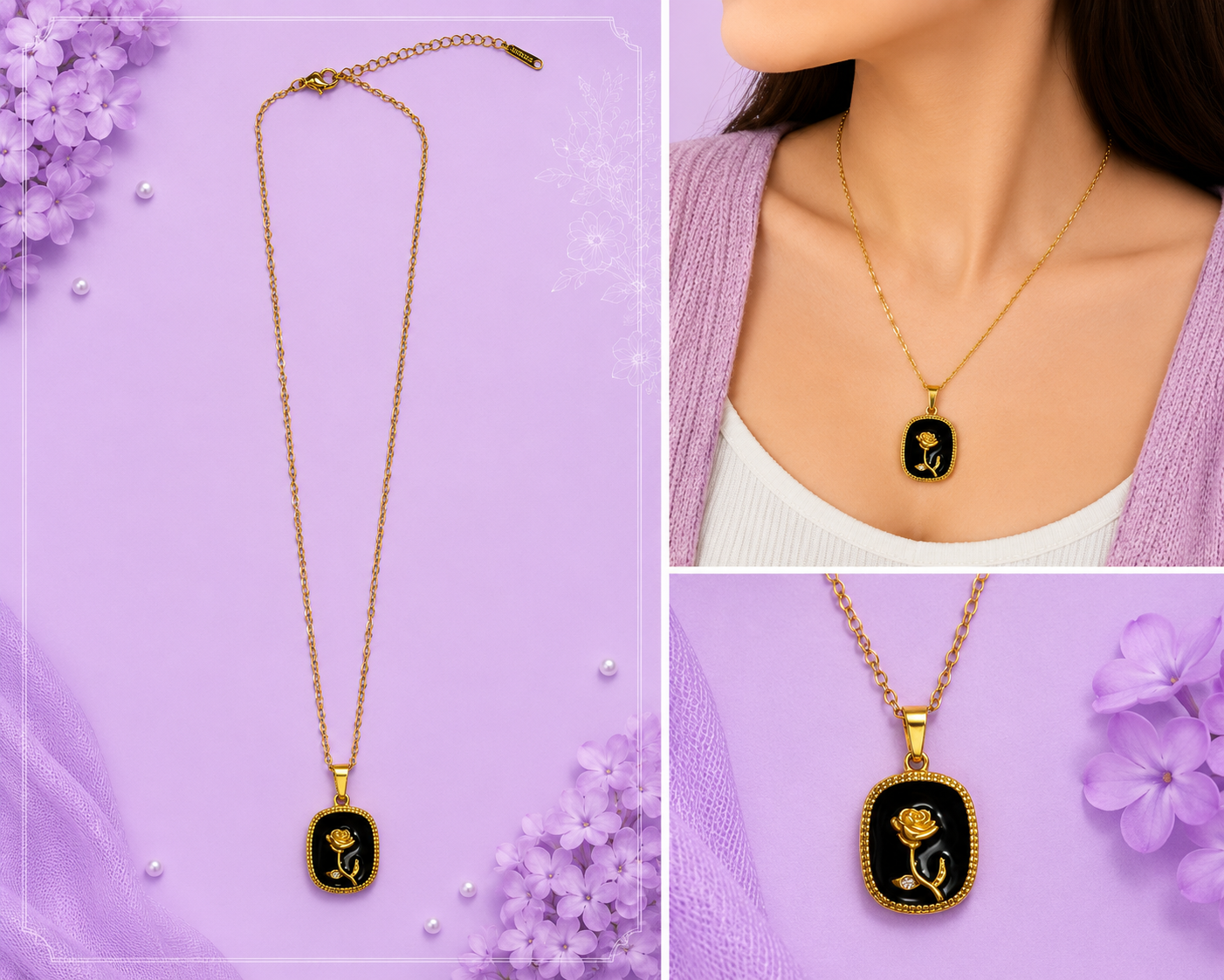 Stainless Steel Black Rose Pendant Necklace