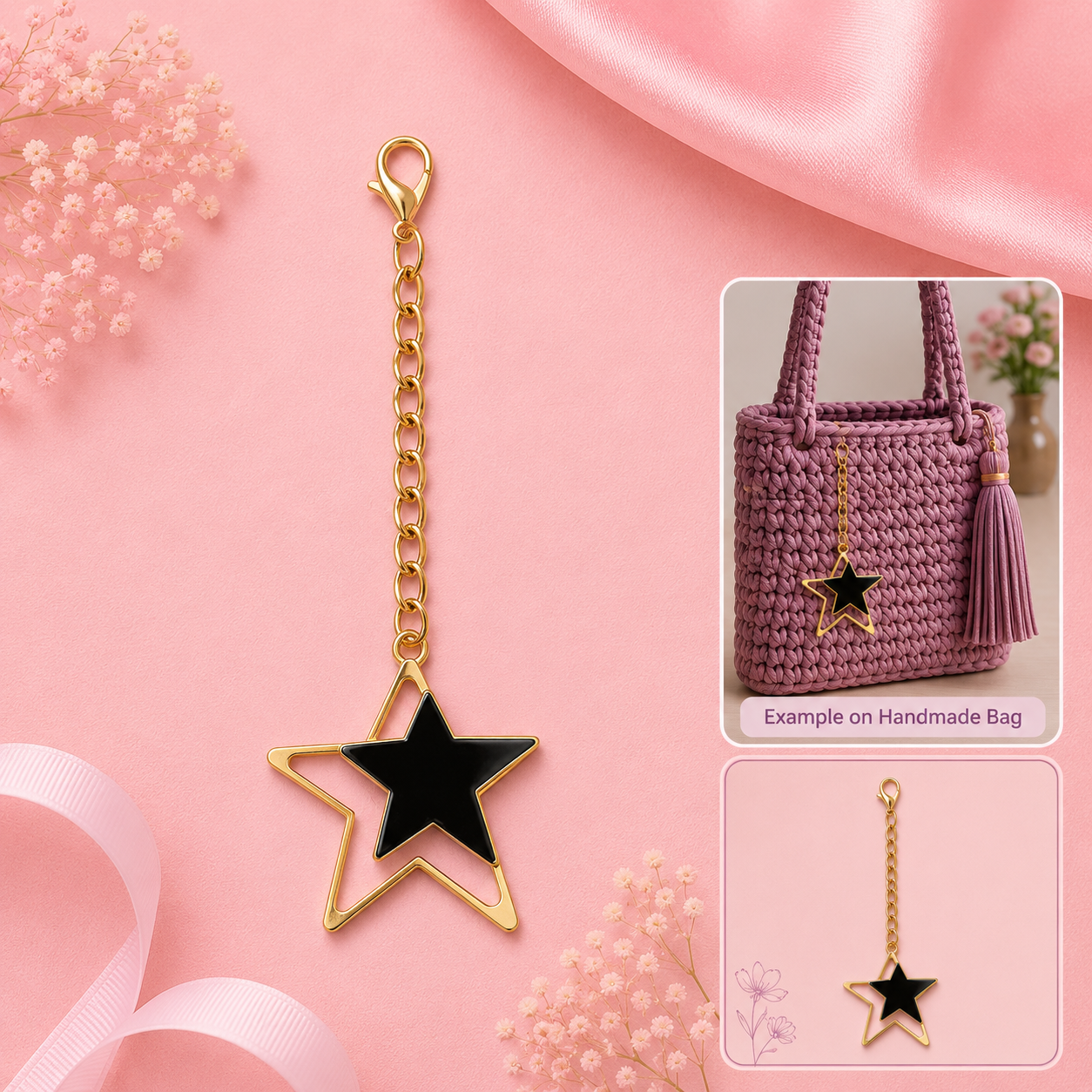 Gold-tone star-shaped keychain charm with a black center, shown on a pink background with decorative ribbon and flowers. Two inset images on the right show the charm attached to a crocheted handbag and a close-up of the charm.
