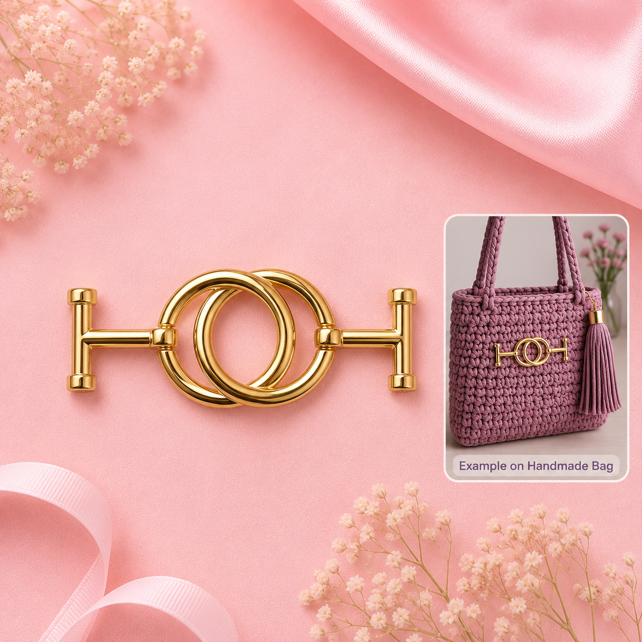 A polished gold metal H-shaped ring clasp with two interlocking O-ring details, displayed on a pink satin background with decorative baby's breath flowers. An inset image in the top right shows the clasp attached to a purple crocheted handbag, labeled 'Example on Handmade Bag'.