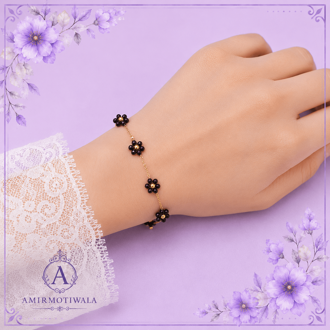 Black Flower Gold  Rosary Chain stainless