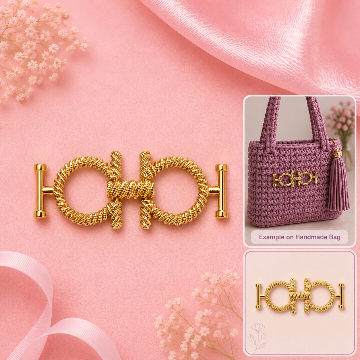 A gold-toned rope-bow style bag charm or hardware piece displayed on a pink background, with a small inset showing it attached to a purple crocheted handbag and another inset showing the piece alone.