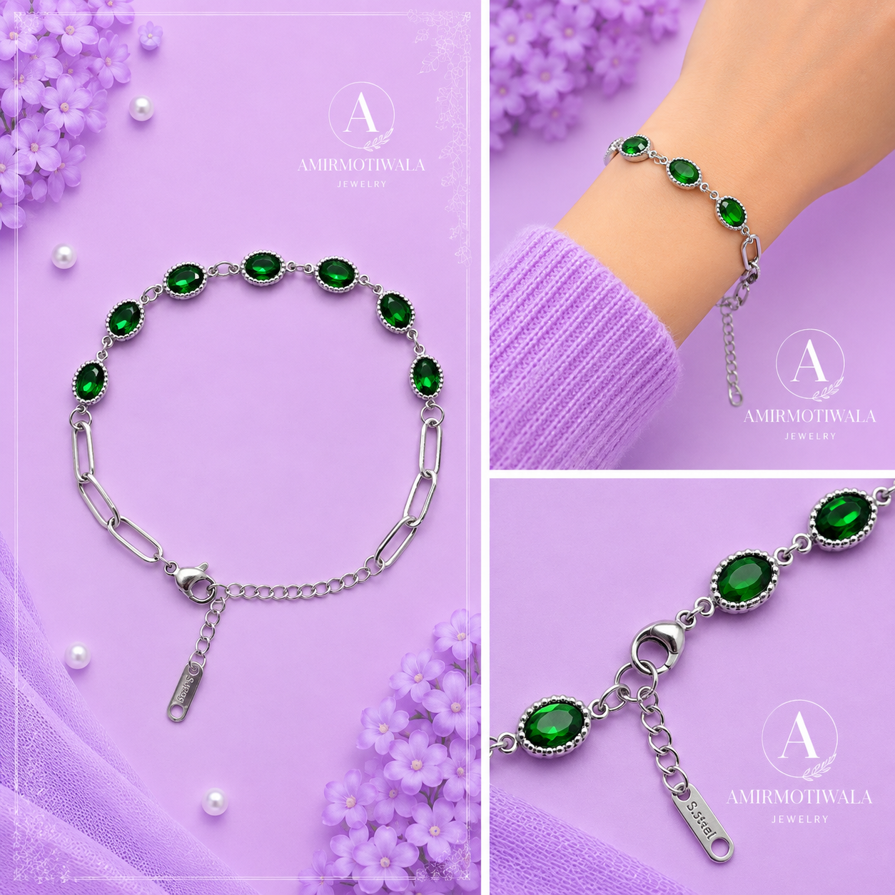 Stainless Steel Green Crystal Link Bracelet