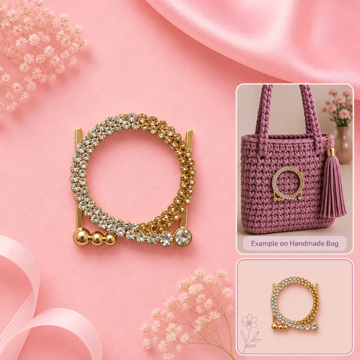 A circular crystal ring bag charm in gold and silver tones, displayed on a pink background with decorative ribbons and flowers. Two inset images on the right show the charm attached to a purple crocheted handbag and a smaller bag, labeled 'Example on Handmade Bag'.