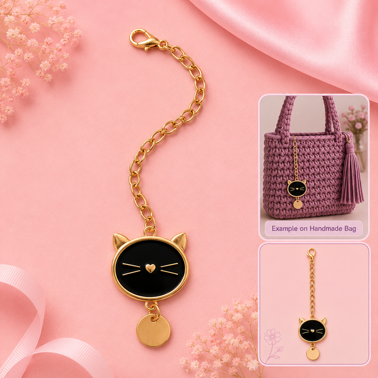 Gold-tone cat-face charm keychain with a black oval face and dangling round tag, shown on a pink background with decorative ribbon and flowers. Two inset photos on the right show the charm attached to a purple handbag and a close-up of the charm.