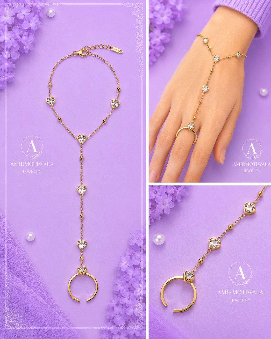 Stainless Steel Crystal Heart Ring Chain Hand Bracelet