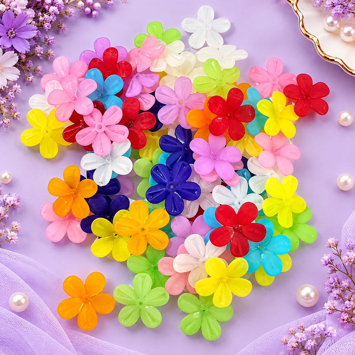 Multicolor Acrylic Flower  6 Petal Floral Beads