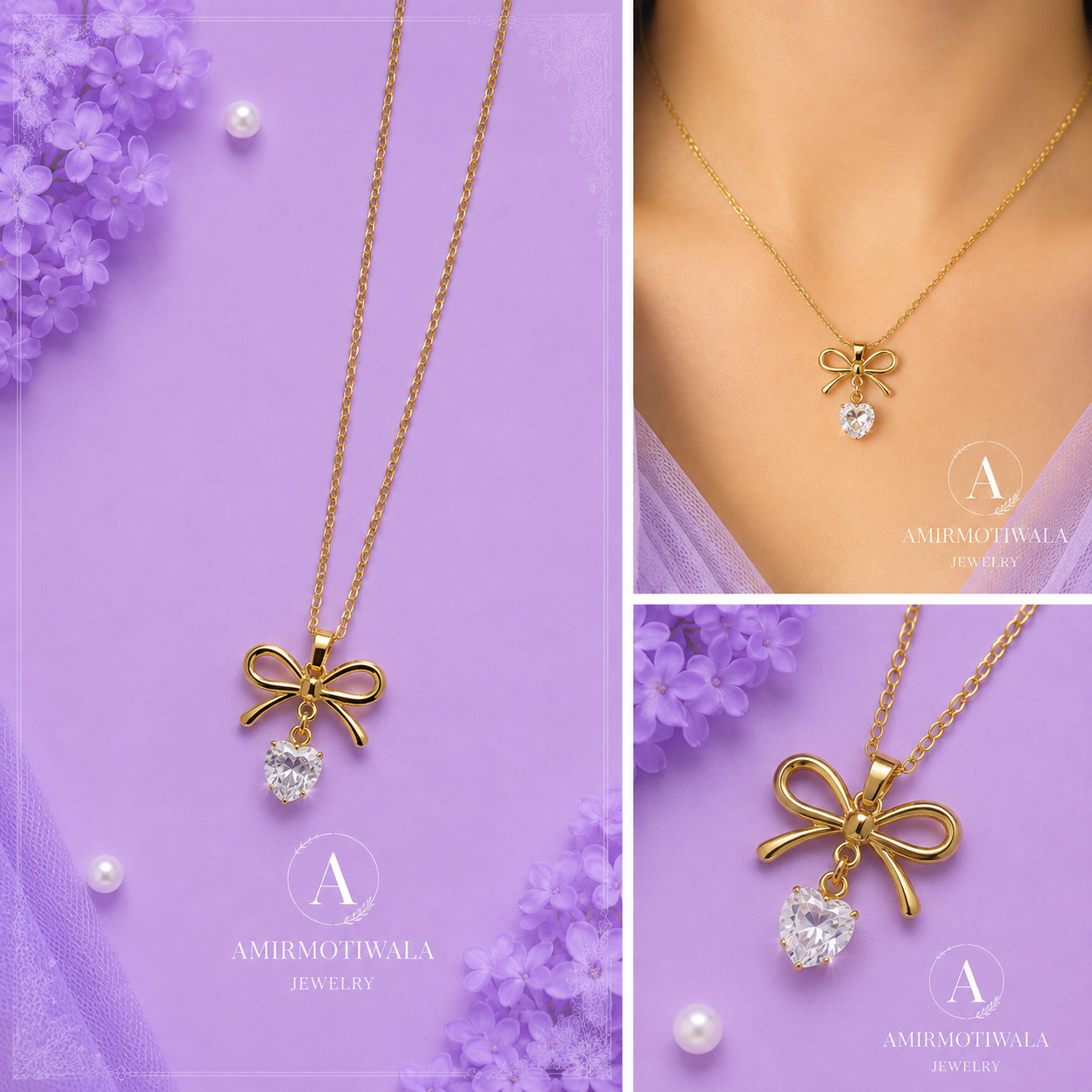 Stainless Steel Crystal Bow Drop Pendant Necklace