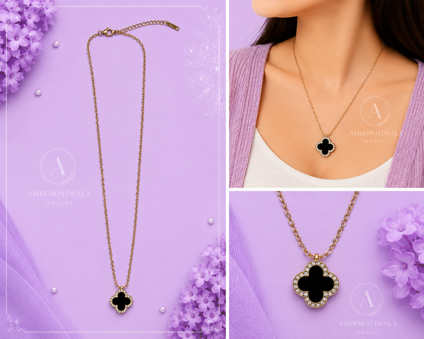 Stainless Steel Black Clover Pendant Necklace