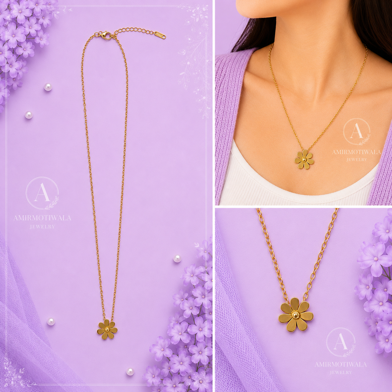 Stainless Steel Gold Daisy Flower Pendant Necklace