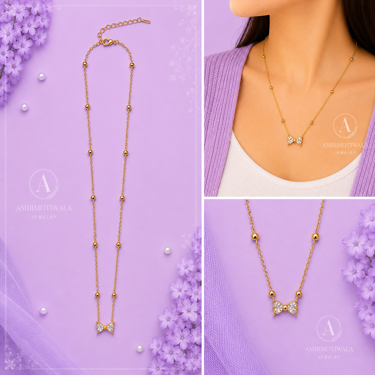 Stainless Steel Crystal Bow Pendant Beaded Necklace