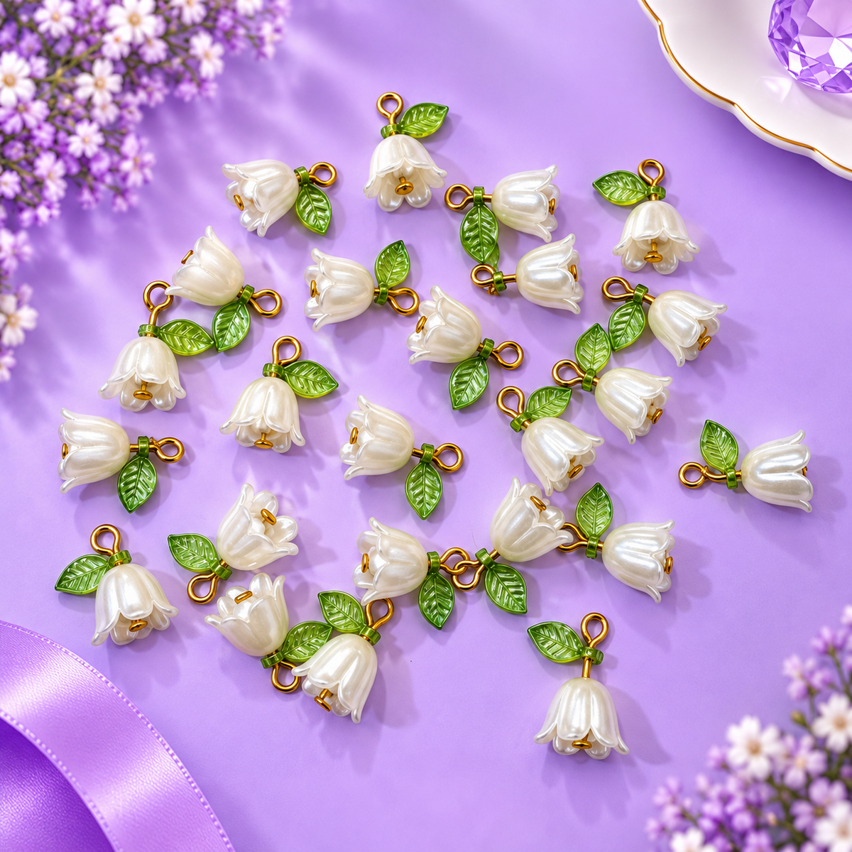 Ready Pearl Flower Charms with Green Leaves