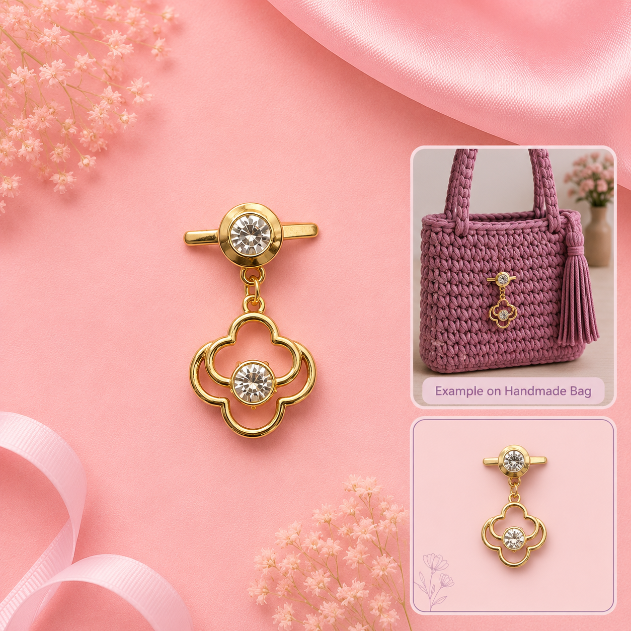 A gold-toned four-leaf clover pendant earring with a clear rhinestone center, displayed on a pink background with decorative ribbon and flowers. Two inset images on the right show the earring attached to a pink crocheted handbag and a smaller matching bag detail, labeled as an example on a handmade bag.