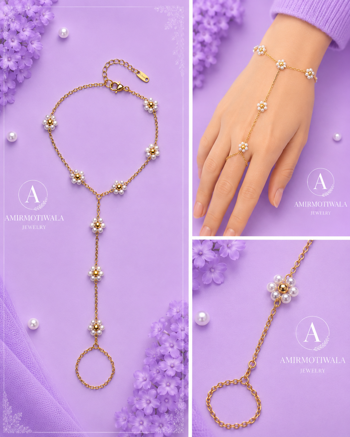 Stainless Steel Pearl Flower Ring Chain Hand Bracelet