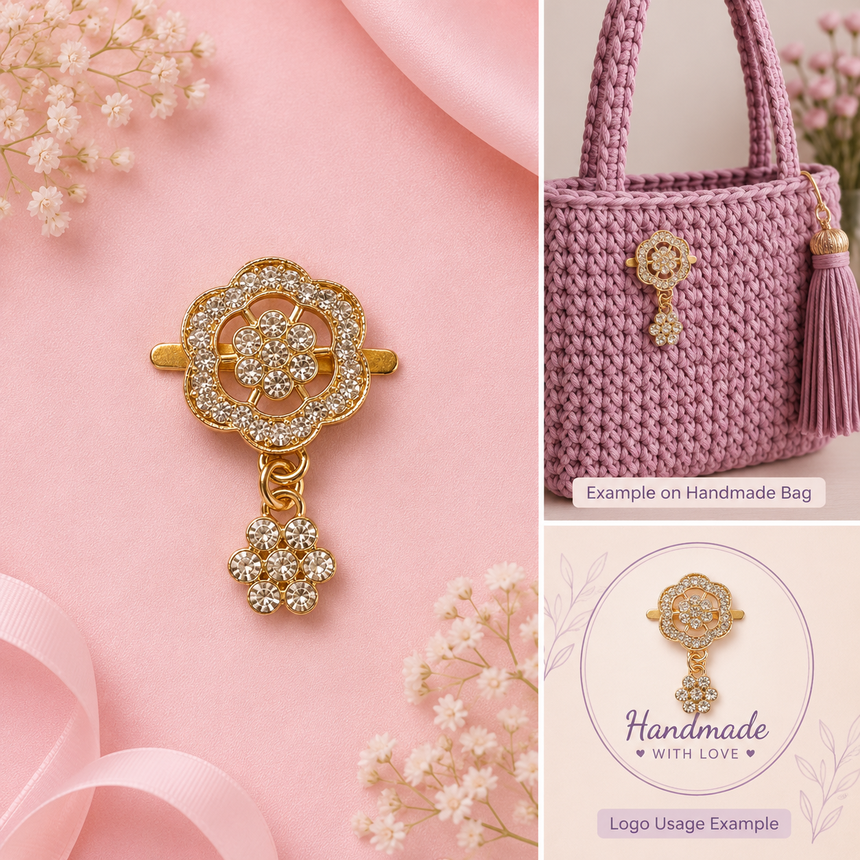 A collage showing a gold-tone floral brooch with clear rhinestones and a dangling flower charm, styled on a pink background with ribbon and flowers. The right side includes a cropped view of a pink woven handbag with a matching floral clasp and tassel, plus a logo-style usage example reading 'Handmade with Love'.