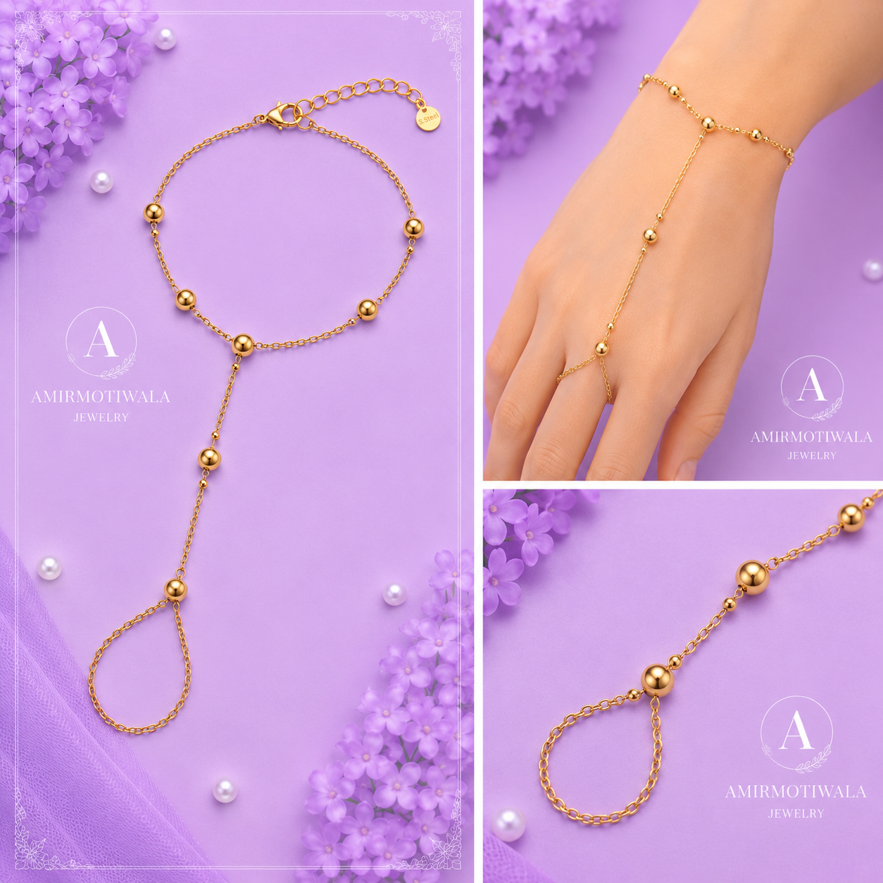 Stainless Steel Gold Beaded Ring Chain Hand Bracelet