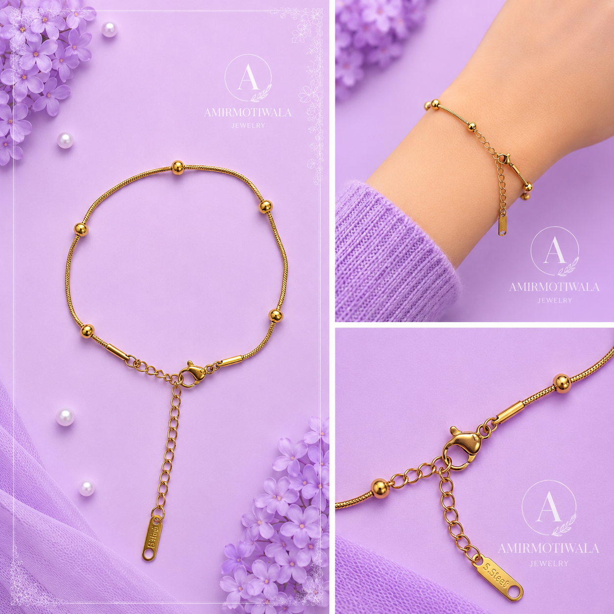 Stainless Steel Gold Beaded Snake Chain Bracelet