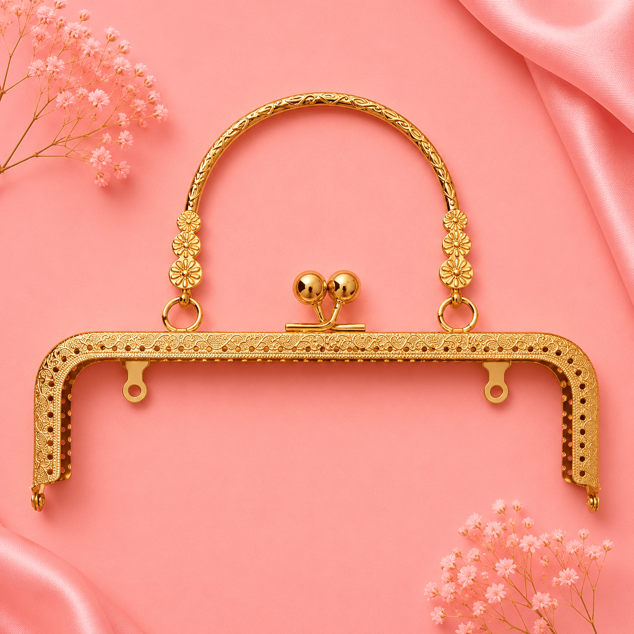 Vintage Gold Metal Clutch Purse Frame with Floral Handle – DIY Handbag Frame