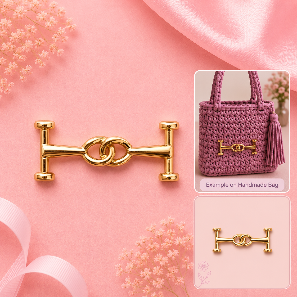 A gold-tone horsebit-shaped decorative accessory displayed on a pink background, with a small inset showing it attached to a pink crocheted handbag and another inset showing the accessory alone.