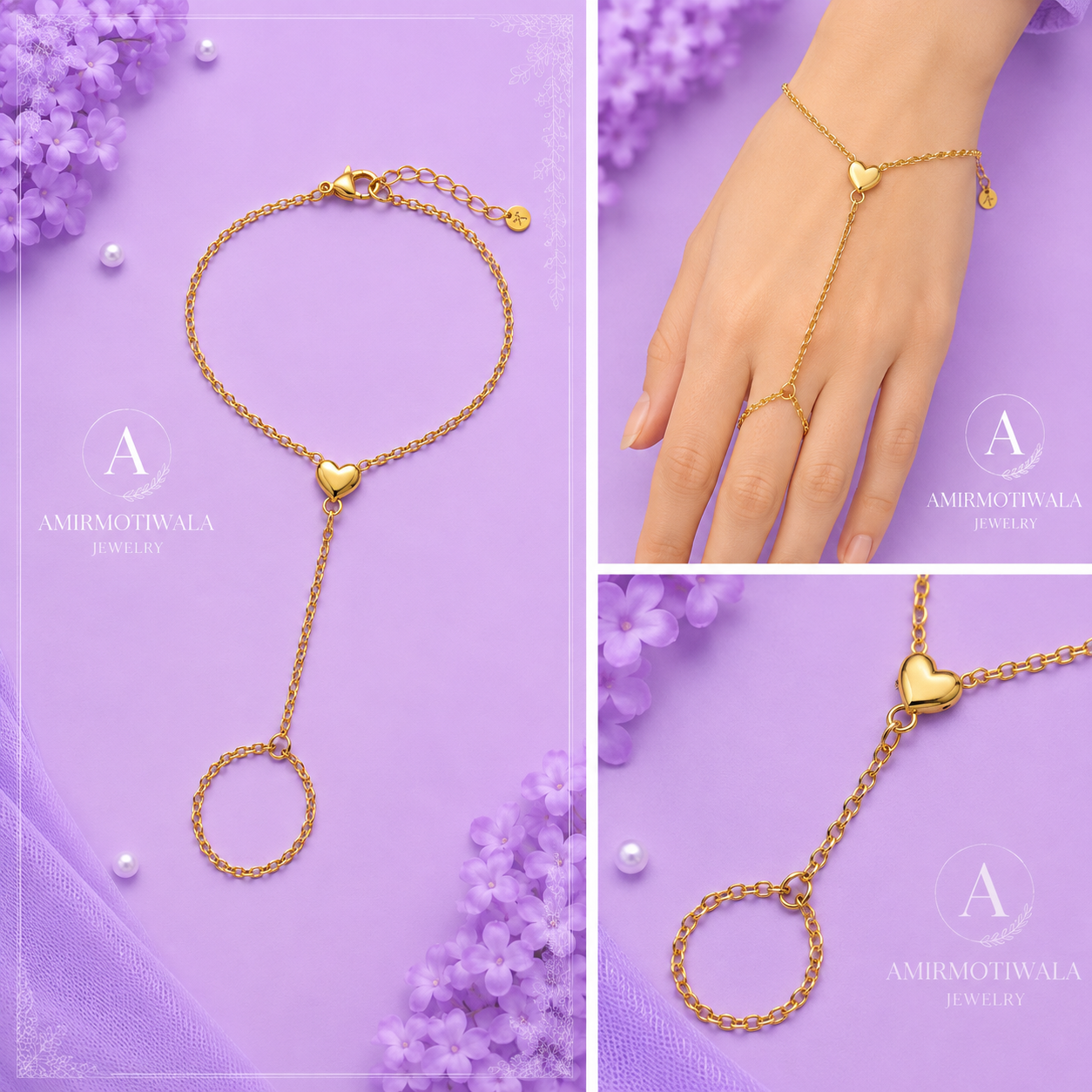 Stainless Steel Heart Ring Chain Hand Bracelet