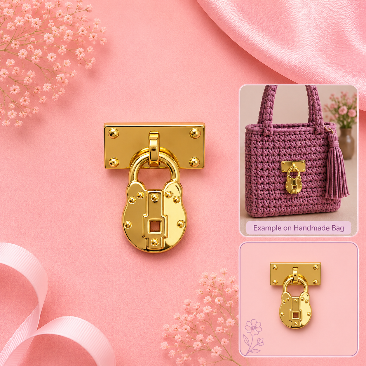 A gold-colored metal padlock-shaped handle or clasp shown on a pink background, with two inset photos on the right showing a purple crocheted handbag and close-up views of the lock. Decorative pink ribbon and small flowers surround the items.