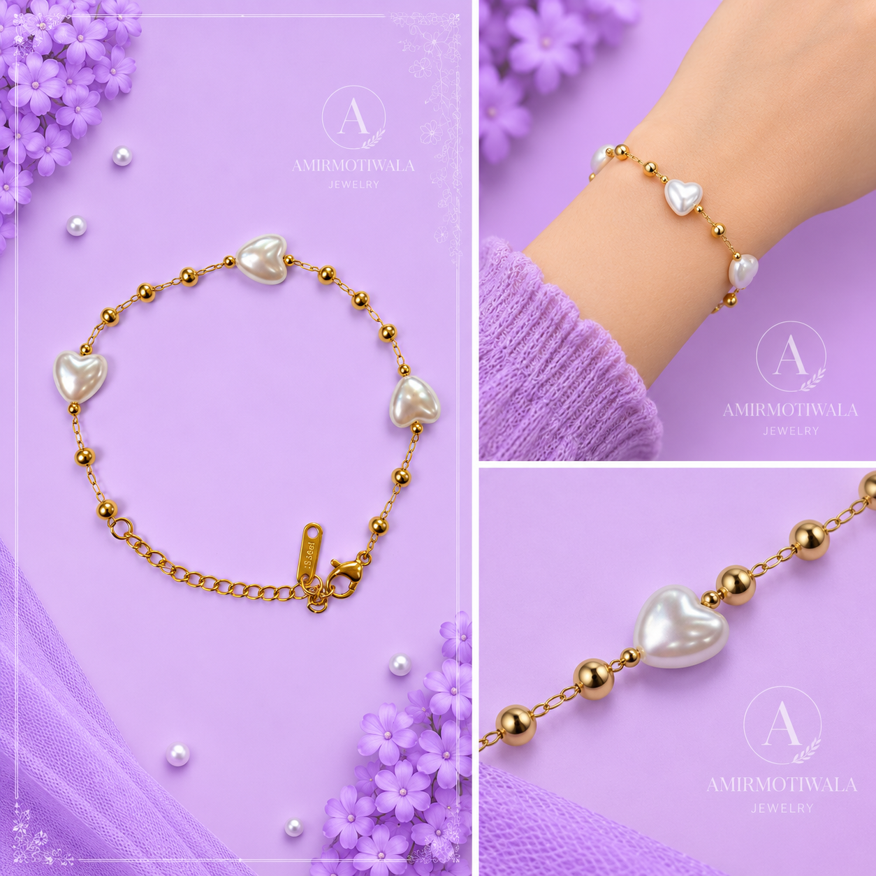Stainless Steel Pearl Heart Charm Bracelet